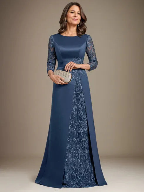 Floor-Length A-Line Lace Satin Mother of the Bride Dress with Scoop Neck and Applique