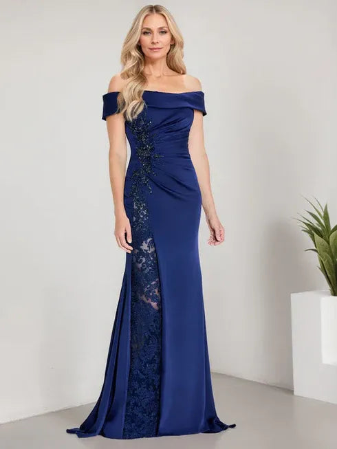 A-Line Off-the-Shoulder Floor-Length Mother of the Bride Dress with Appliqué Beadings and Mermaid Silhouette Featuring a High Split