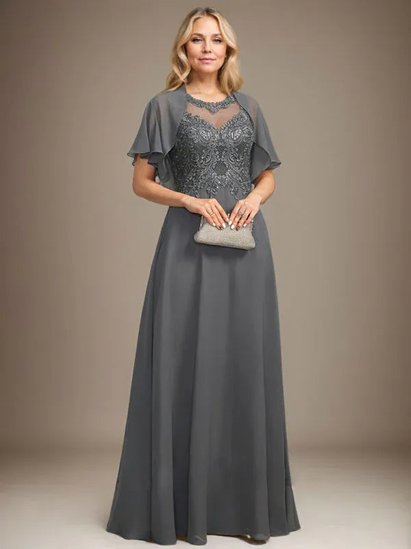 A-Line Scoop Neck Illusion Floor-Length Lace Chiffon Mother of the Bride Dress with Sequins