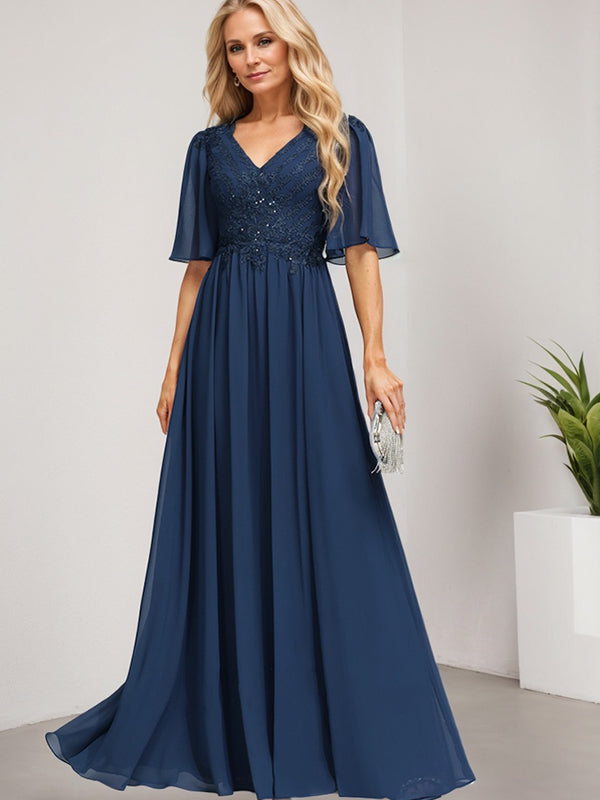 A-Line V-Neck Floor-Length Lace Chiffon Mother of the Bride Dress with Sequins