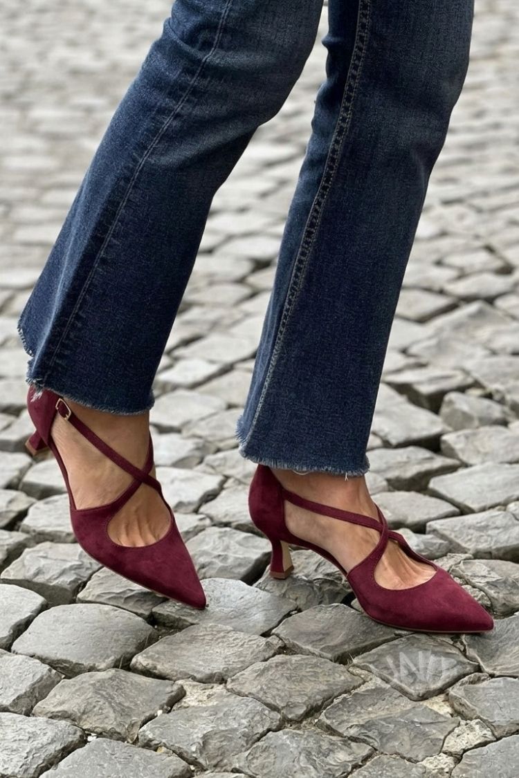 Irene | Low Pointed-Toe Solid Buckle Crossover Strap Heels