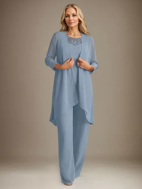 Chiffon Scoop Long Sleeves Mother Of The Bride Pantsuits With Jacket