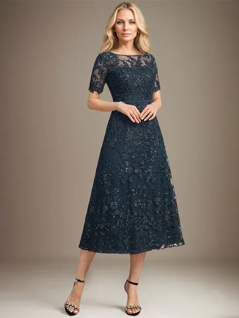 A-Line Scoop Neck Illusion Tea-Length Lace Mother of the Bride Dress with Sequins