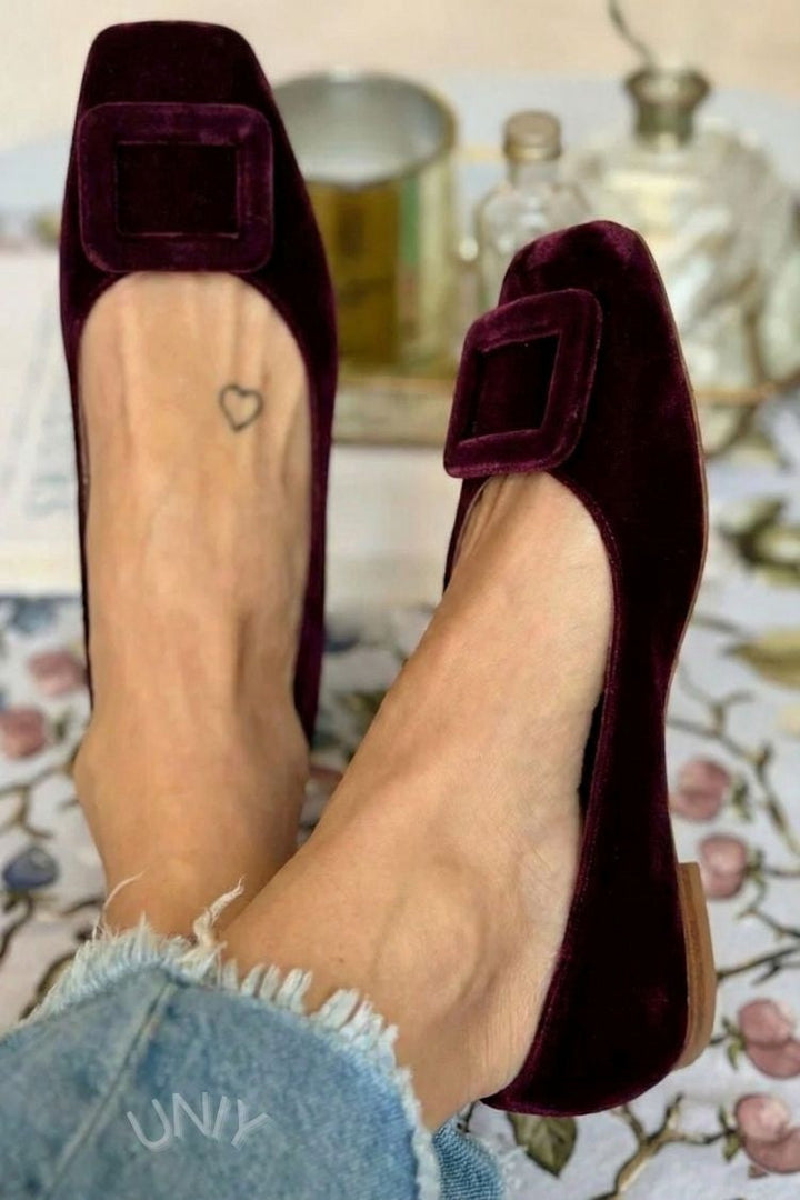Natalia – Square-Toe Velvet Buckle Flats