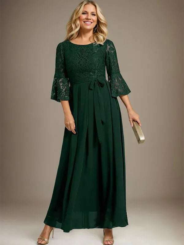 A-Line Scoop Neck Ankle-Length Lace Chiffon Mother of the Bride Dress with Bow
