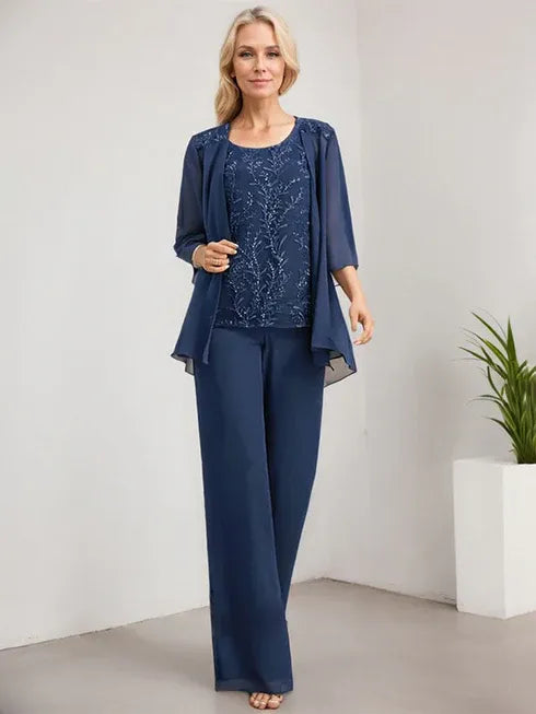 Floor-Length Lace Chiffon Mother of the Bride Jumpsuit/Pantsuit with Scoop Neck and Sequins