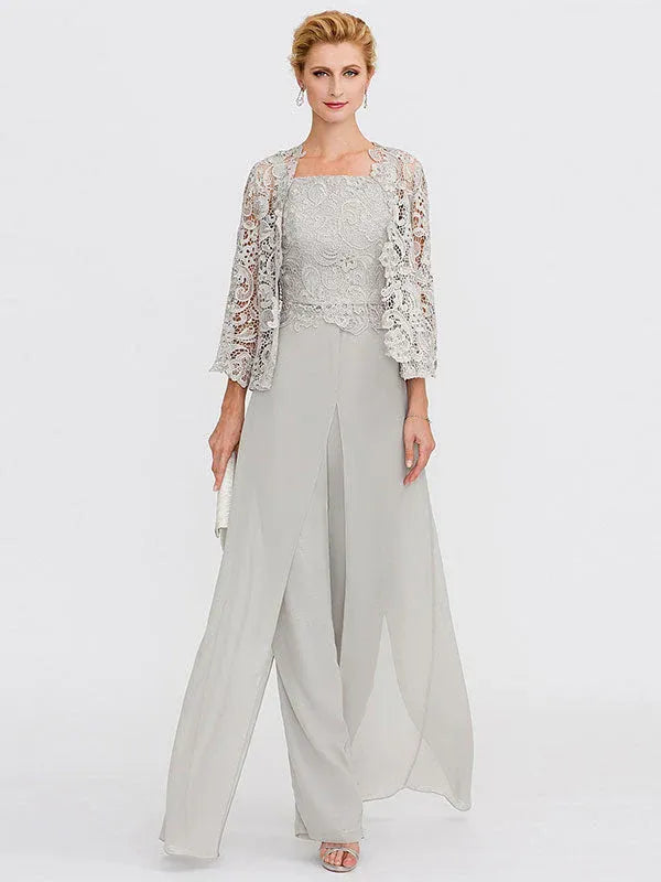3-Piece Chiffon Square Neck Mother of the Bride Pantsuit Set with Jacket