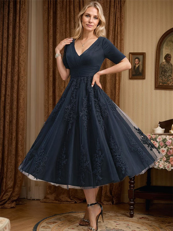 A-Line V-Neck Tea-Length Tulle Lace Mother of the Bride Dress with Pleats