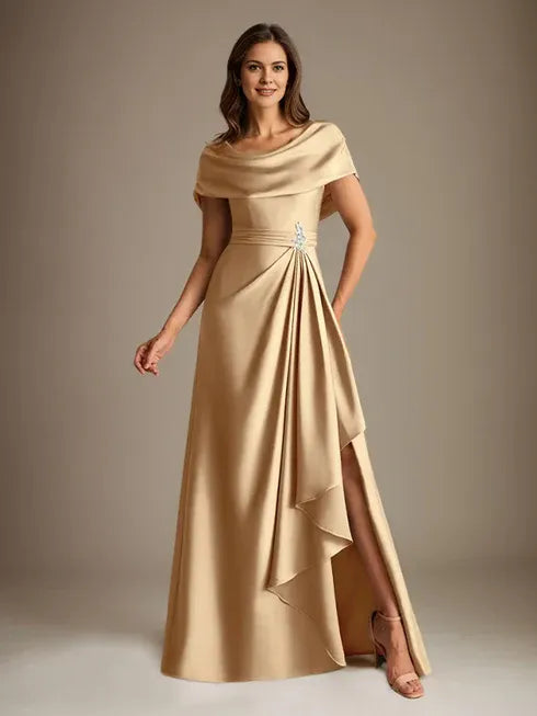 A-Line Scoop Neck Floor-Length Stretch Satin Mother of the Bride Dress with Cascading Ruffles