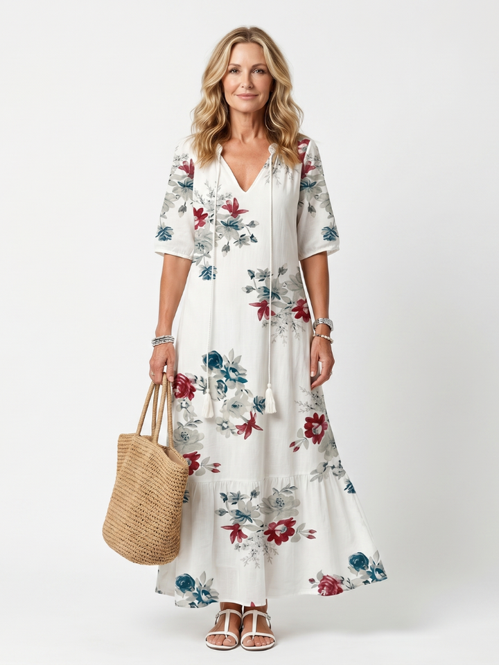 Adelia | Scattered Floral Tassel Tie Midi Dress