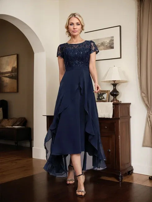 A-Line Scoop Neck Illusion Asymmetrical Chiffon Lace Mother of the Bride Dress with Bow, Ruffle, and Sequins