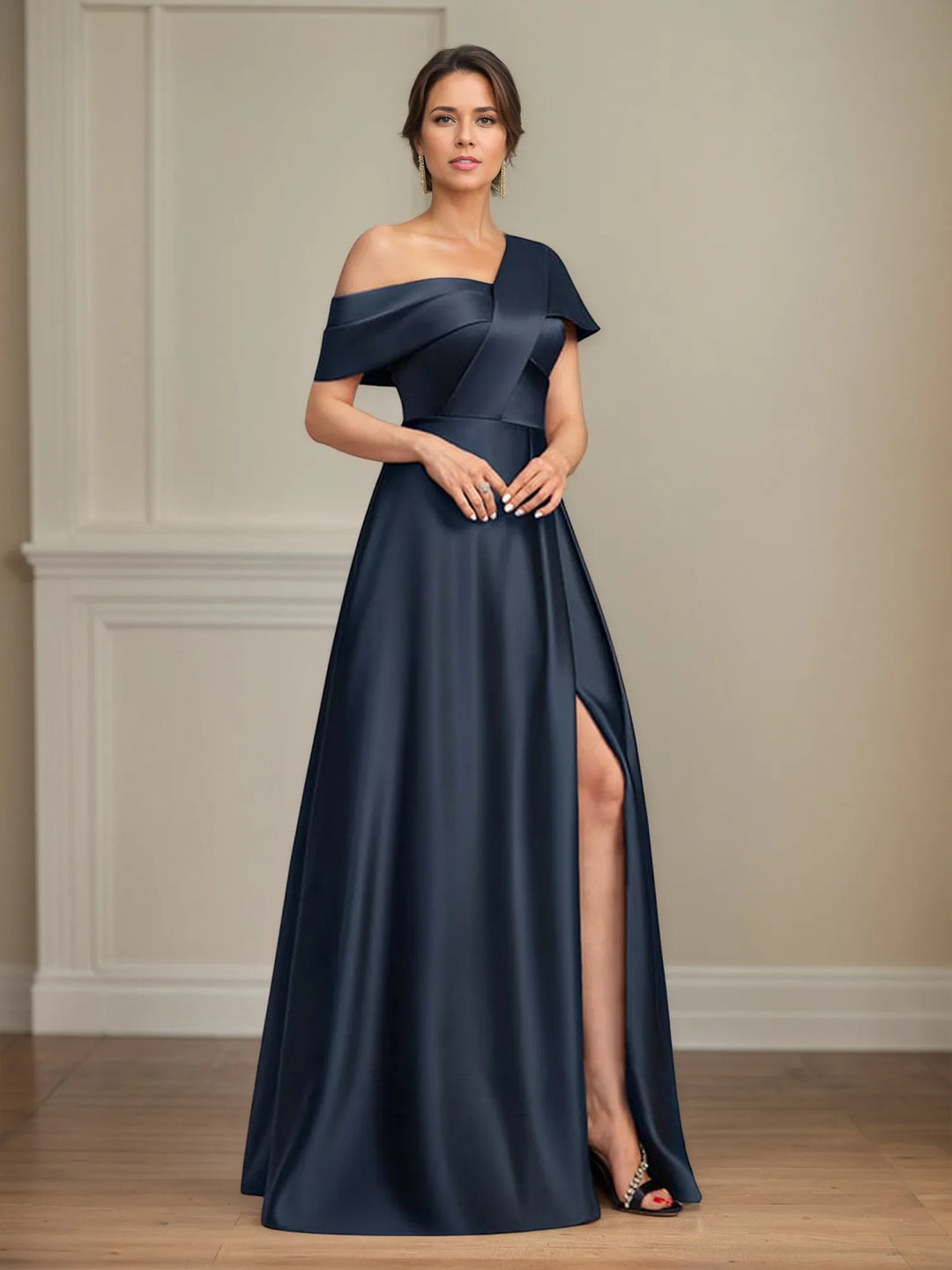 Asymmetrical A-Line Floor-Length Satin Mother of the Bride Dress with Pleats