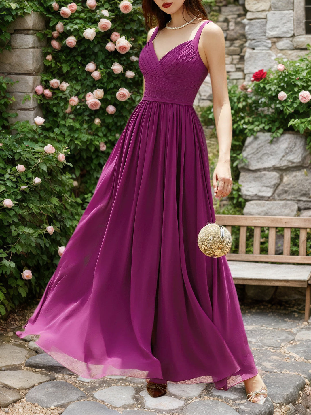 Purple Pleated Chiffon A-Line Maxi Bridesmaid Dress with Spaghetti Straps