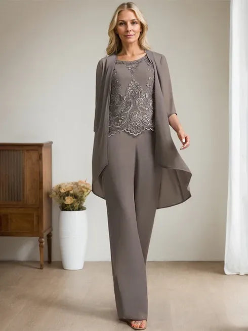 Floor-Length Chiffon Lace Mother of the Bride Jumpsuit/Pantsuit with Scoop Neck, Beading, and Sequins