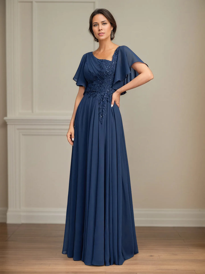 Asymmetrical A-Line Floor-Length Lace and Chiffon Mother of the Bride Dress with Pleated Sequins