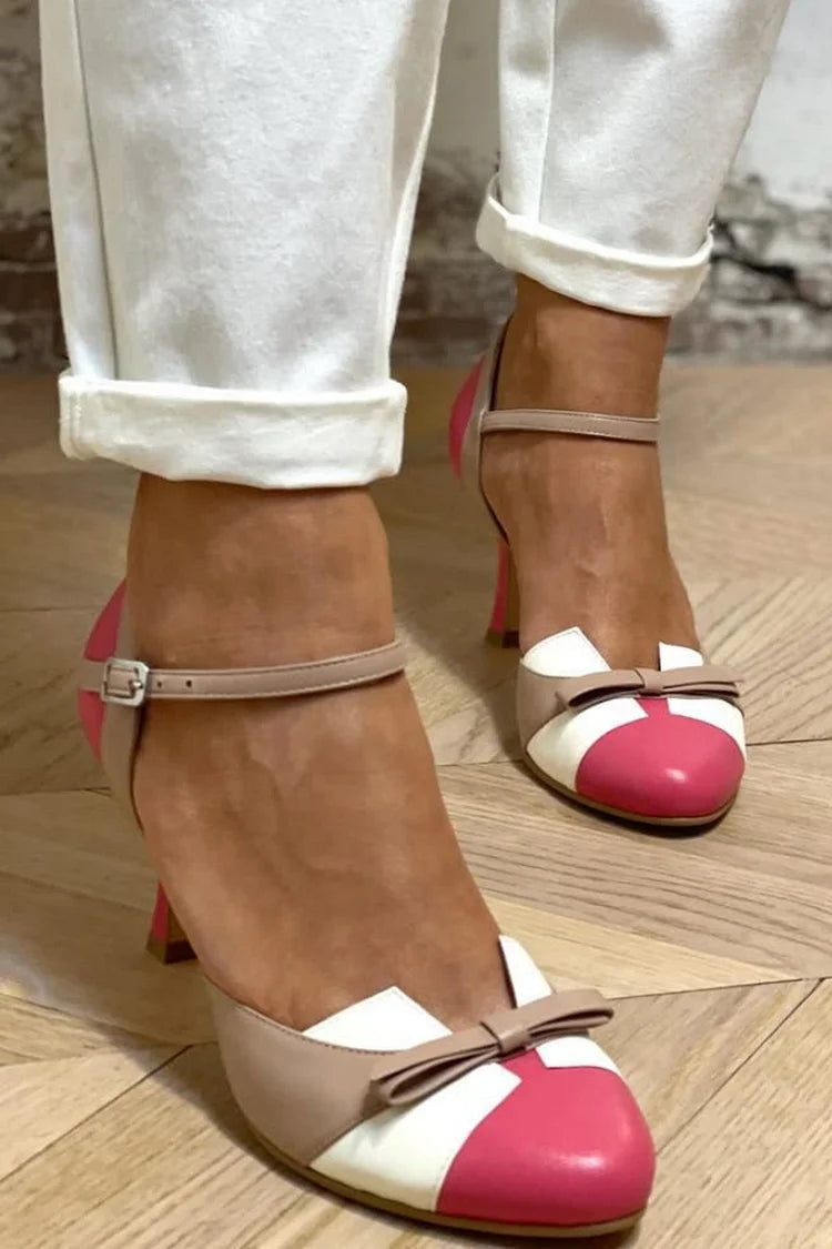 Vivian | Stiletto Patchwork Round-Toe Bow Heels