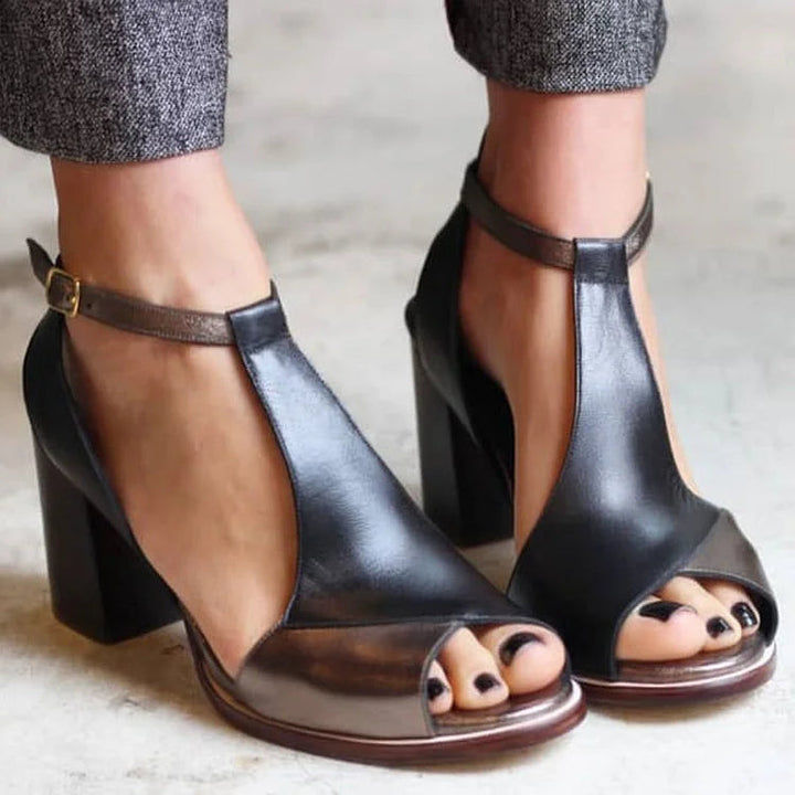 Marguerite | Chunky Peep-Toe Patchwork Ankle Strap Heels