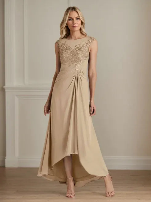 Champagne A-Line Lace and Chiffon Scoop Neck Dress