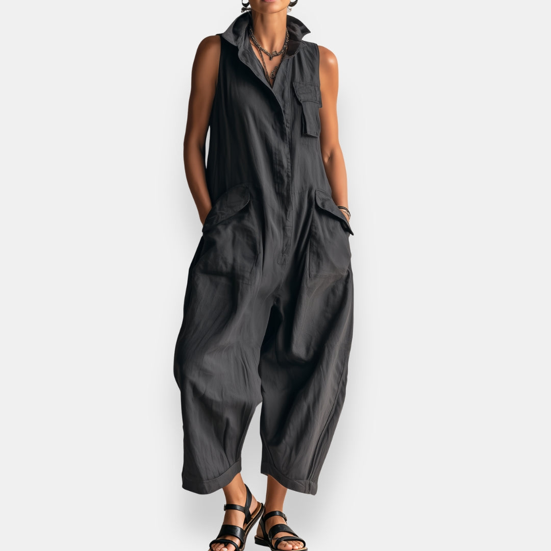HARLOW | Sleeveless Cargo Jumpsuit with Collar and Flap Pockets