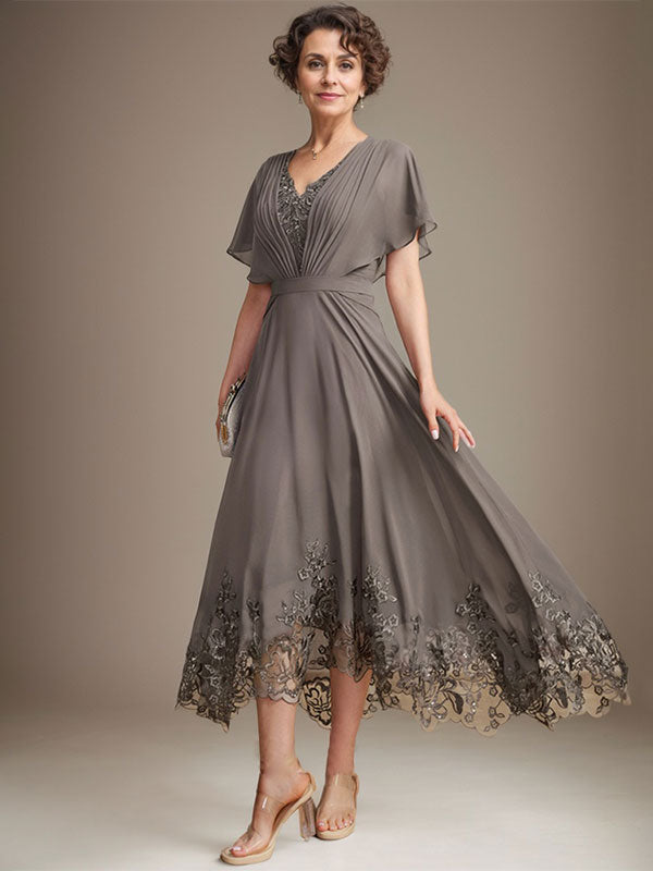 A-Line V-Neck Asymmetrical Lace Chiffon Mother of the Bride Dress with Pleats