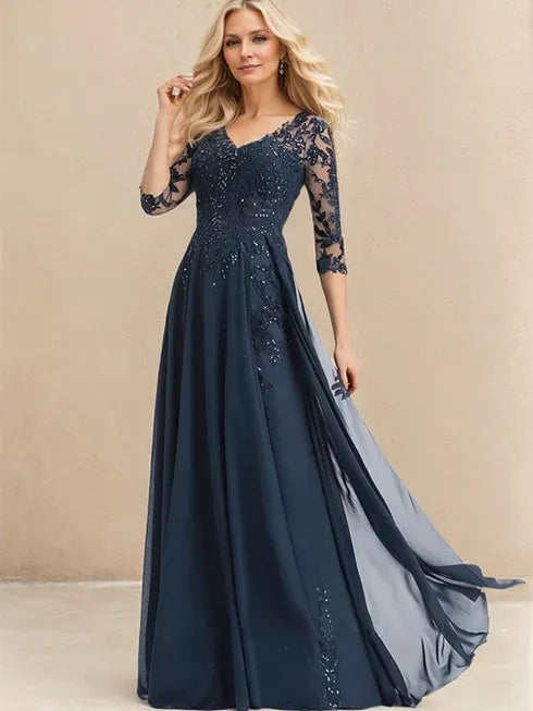 A-Line V-Neck Floor-Length Lace Chiffon Mother of the Bride Dress with Sequins