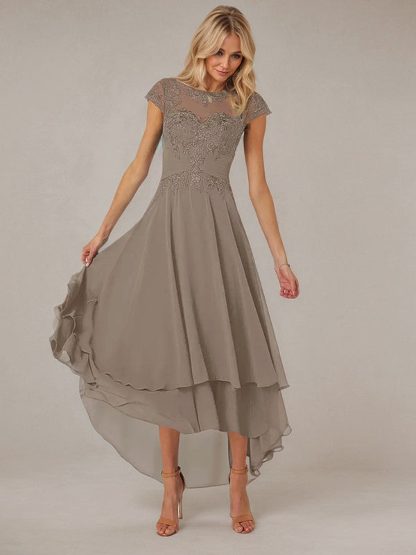 A-Line Boat Neck Illusion Asymmetrical Chiffon Lace Mother of the Bride Dress with Applique and Pleats