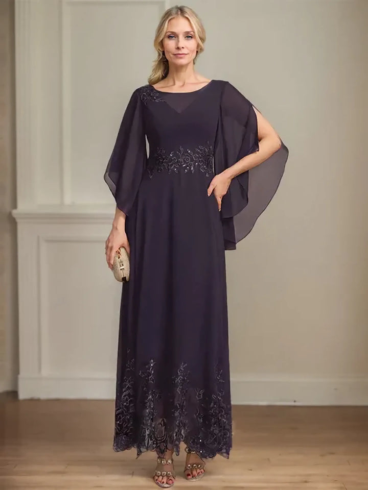 A-Line Scoop Neck Illusion Lace Chiffon Mother of the Bride Dress with Sequins and Ankle-Length Hem