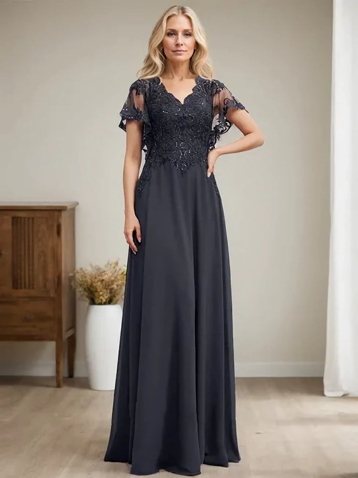 A-Line V-Neck Floor-Length Lace Chiffon Mother of the Bride Dress with Sequins