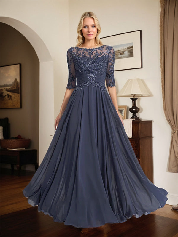A-Line Scoop Neck Illusion Floor-Length Chiffon and Lace Mother of the Bride Dress with Pleated Sequins
