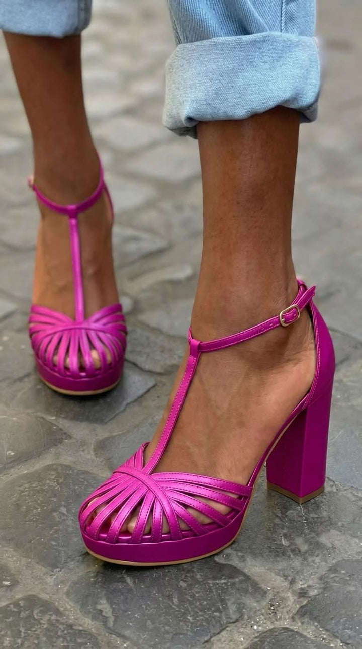 Marion | Round-Toe T-Strap Platform Wide Block Sandals