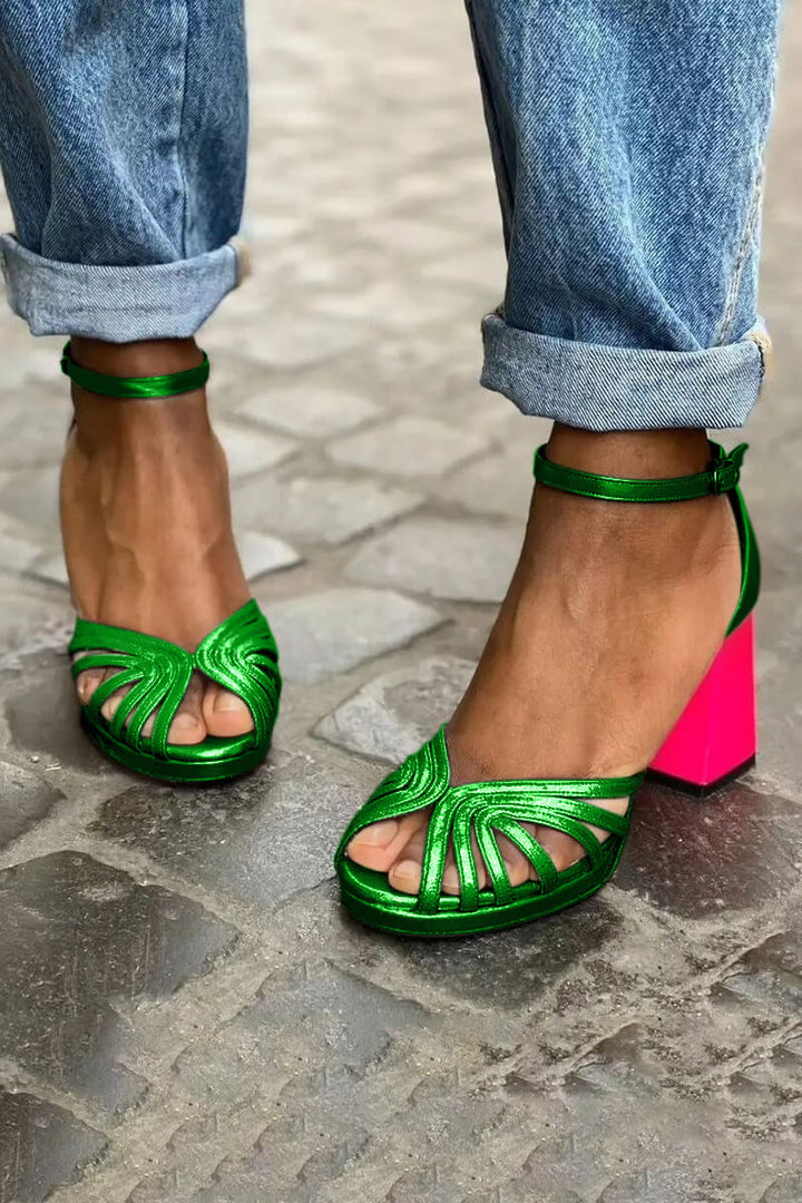 Leonora | Chunky Peep-Toe Sparkle Elegant Ankle Strap Buckle Heels