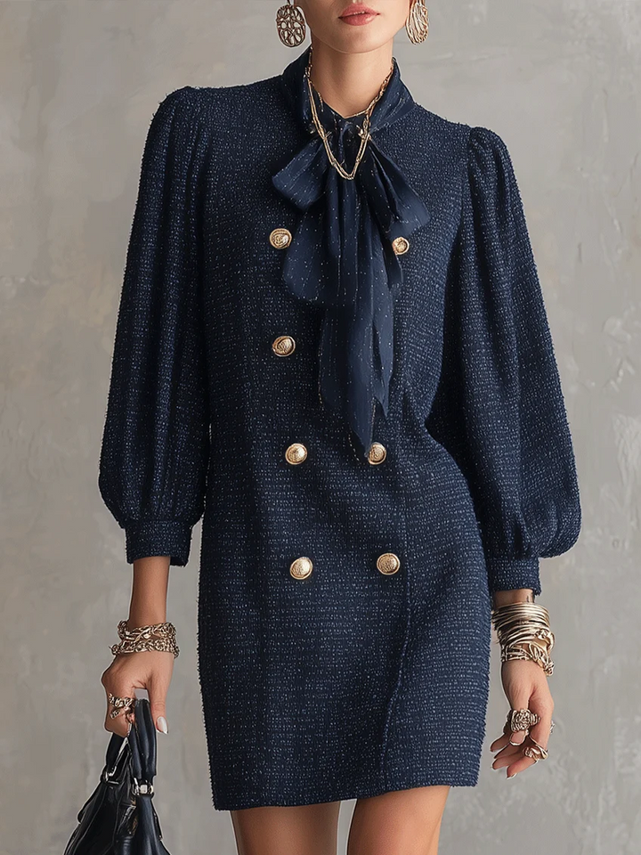 Chic Navy Textured Double-Breasted Bow Neck Mini Dress
