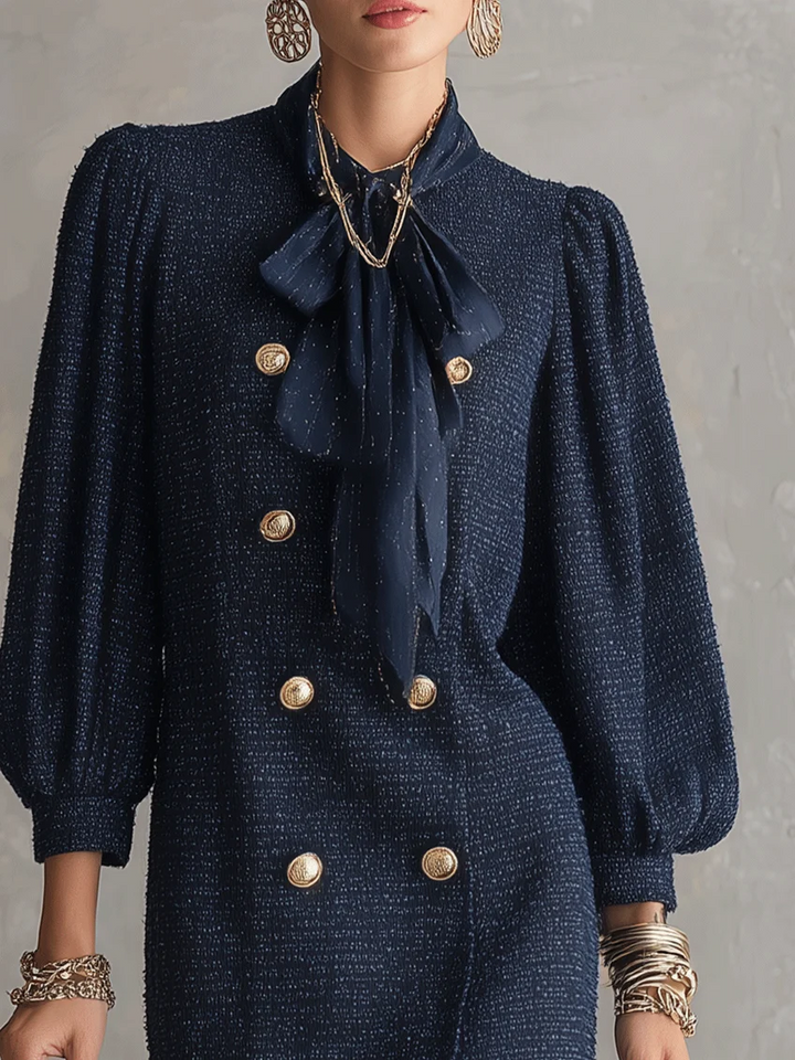 Chic Navy Textured Double-Breasted Bow Neck Mini Dress