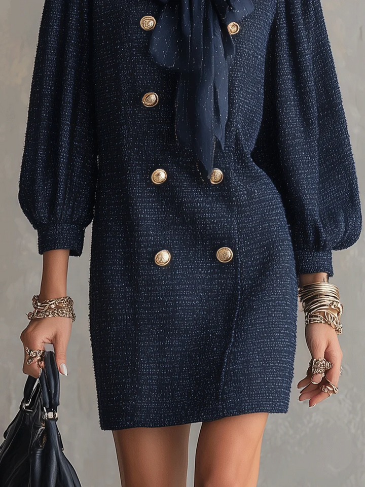 Chic Navy Textured Double-Breasted Bow Neck Mini Dress