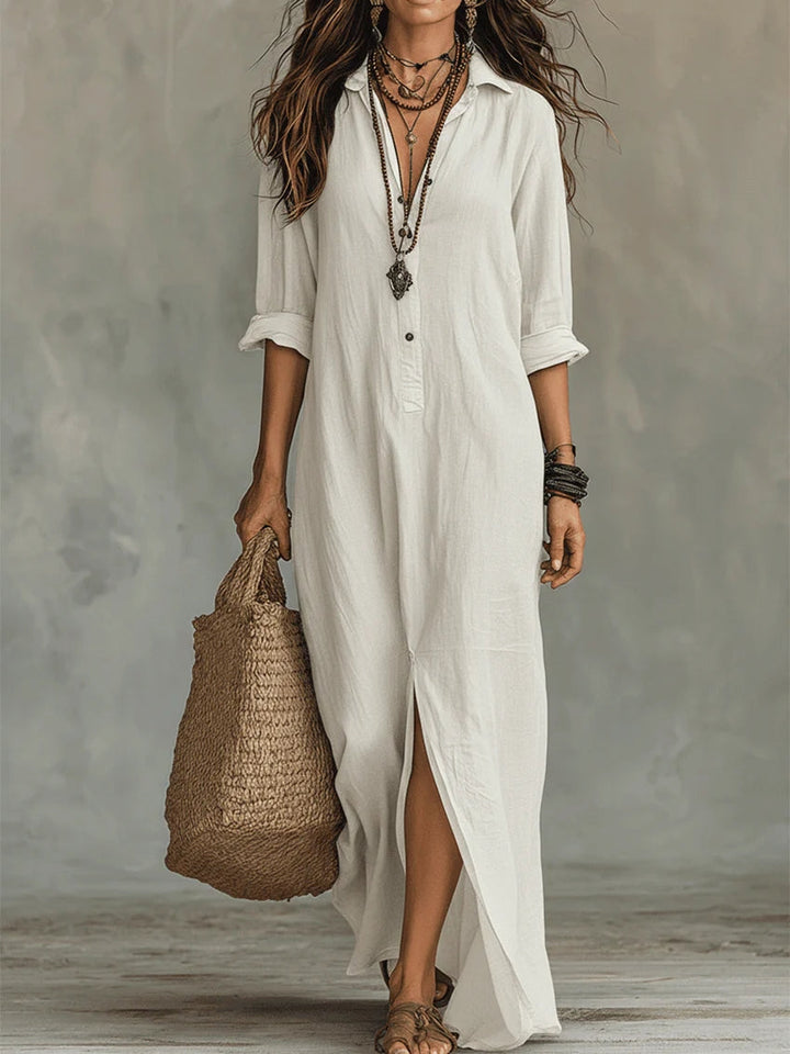 Soline | Elegant Long Black Flowy Dress with Button Details