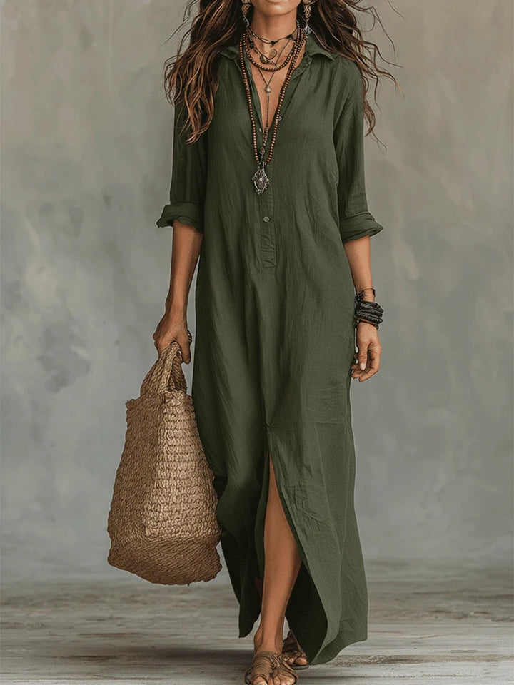 Soline | Elegant Long Black Flowy Dress with Button Details