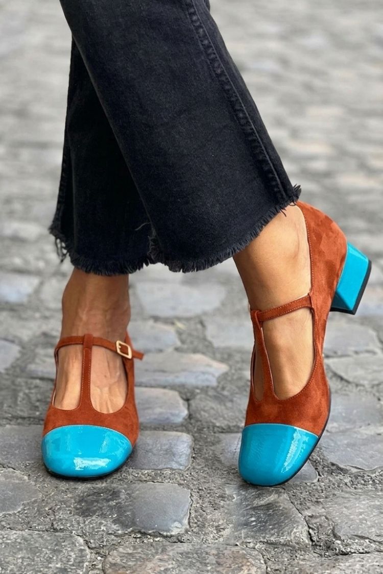 Elise | Chunky Round-Toe Buckle T-Strap Heels