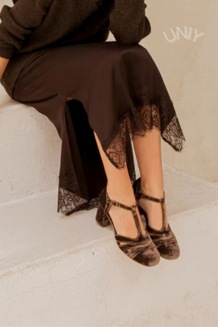 Maureen | Chunky Cut-Out Velvet Buckle T-Strap Heels