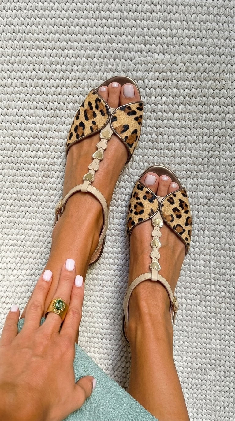 Selena – Peep-Toe Leopard-Print Calf Hair T-Strap Heart Sandals