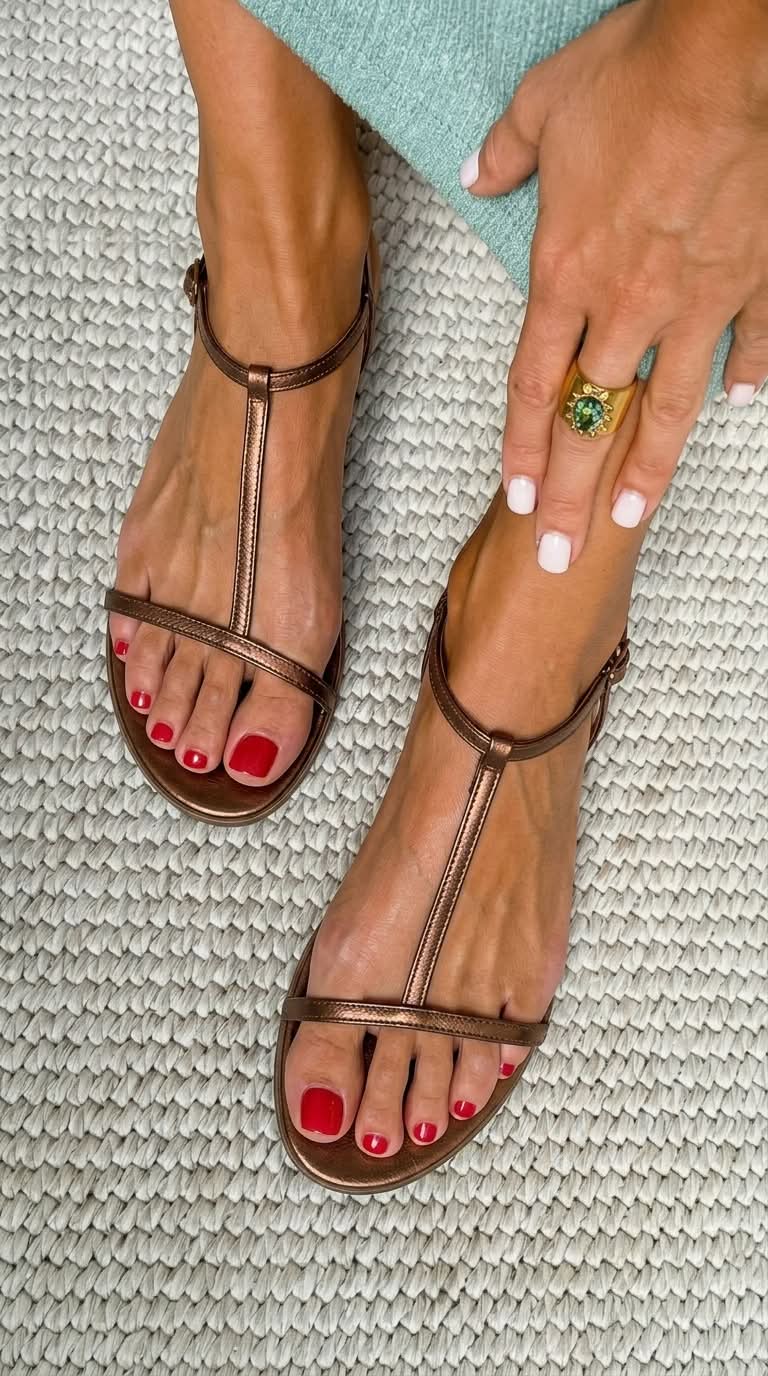 Bianca | Metallic Summer Flat T-Strap Sandals