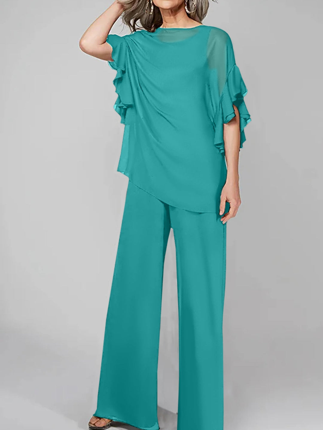Chiffon Mother of the Bride Jumpsuit with Scoop Neck and Half Sleeves