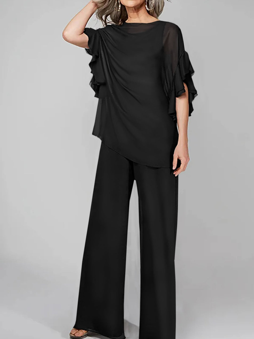 Chiffon Mother of the Bride Jumpsuit with Scoop Neck and Half Sleeves