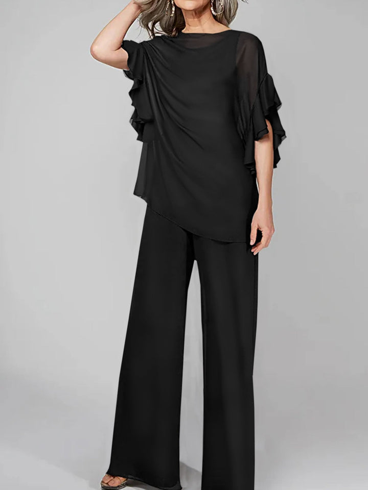 Chiffon Mother of the Bride Jumpsuit with Scoop Neck and Half Sleeves