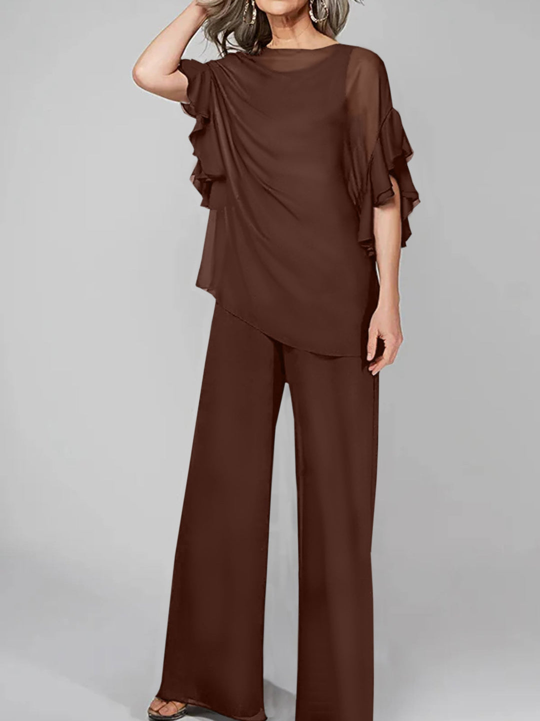 Chiffon Mother of the Bride Jumpsuit with Scoop Neck and Half Sleeves
