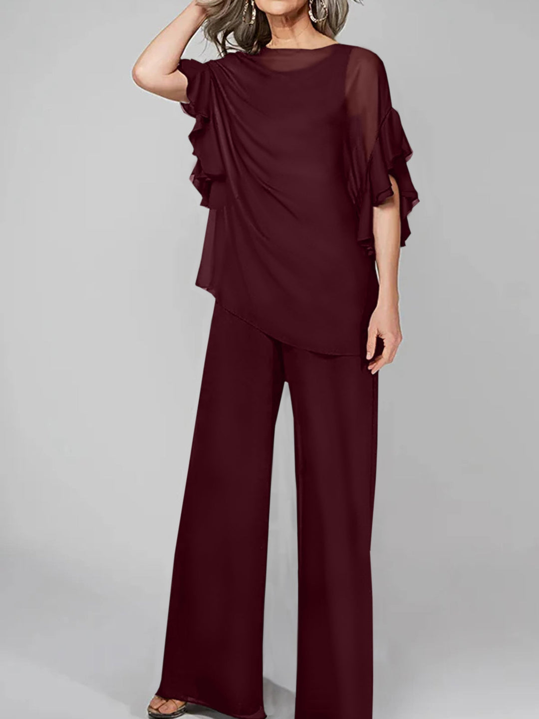 Chiffon Mother of the Bride Jumpsuit with Scoop Neck and Half Sleeves