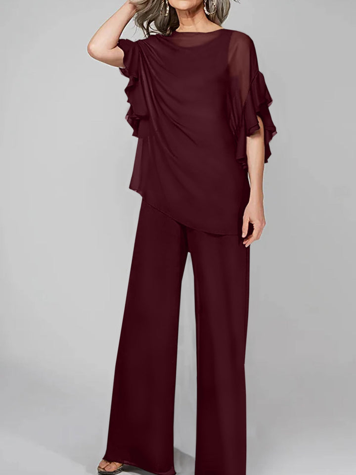 Chiffon Mother of the Bride Jumpsuit with Scoop Neck and Half Sleeves