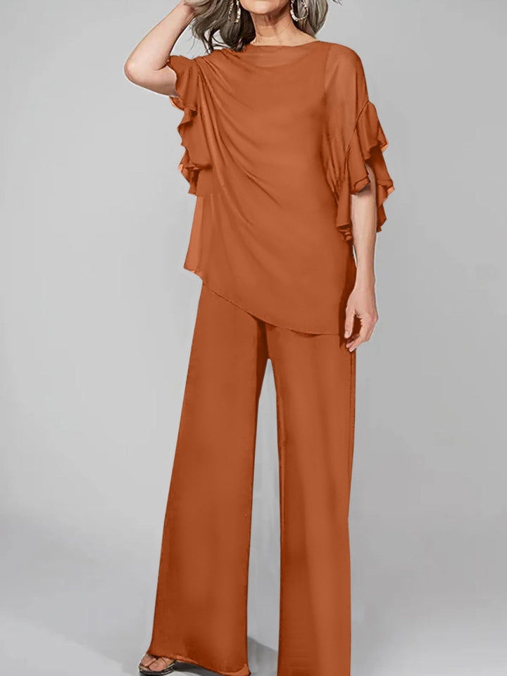 Chiffon Mother of the Bride Jumpsuit with Scoop Neck and Half Sleeves