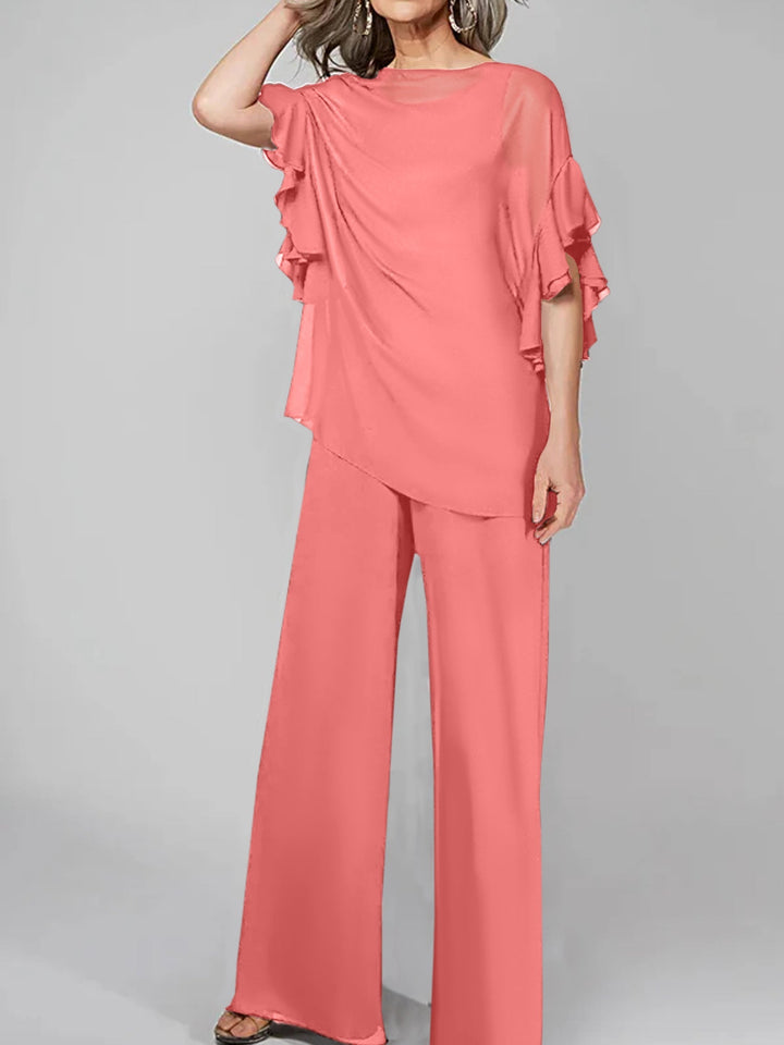 Chiffon Mother of the Bride Jumpsuit with Scoop Neck and Half Sleeves