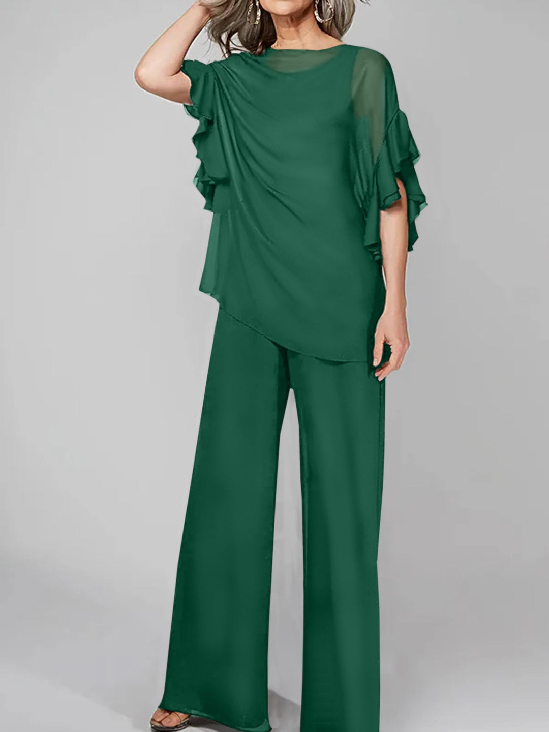 Chiffon Mother of the Bride Jumpsuit with Scoop Neck and Half Sleeves