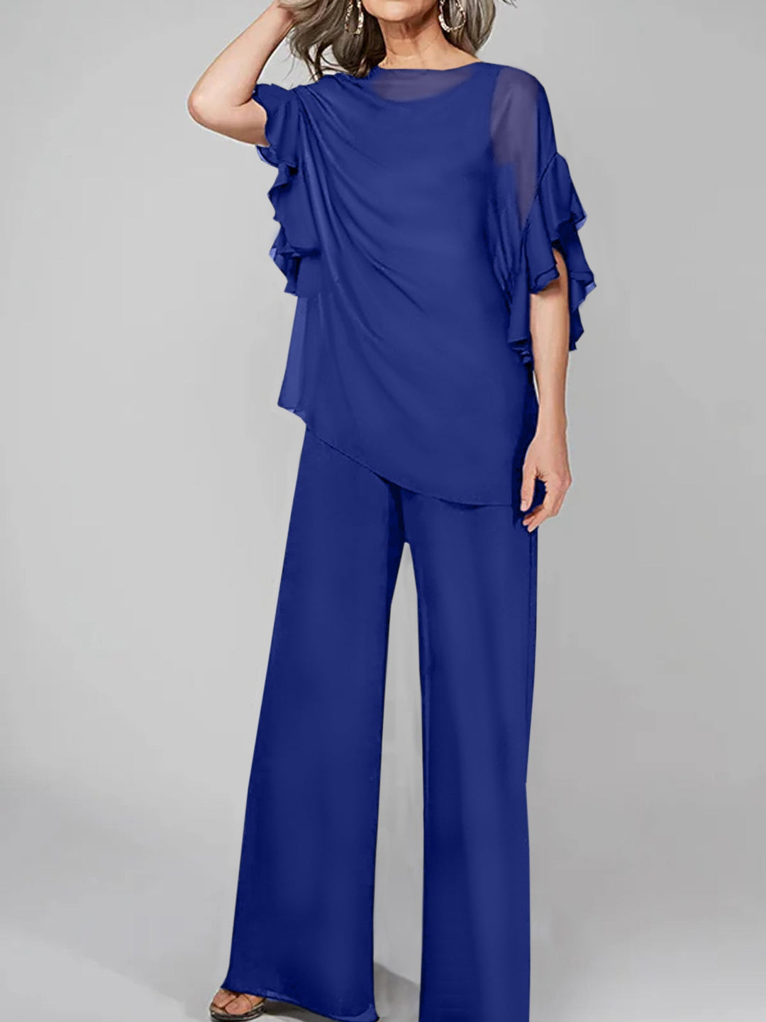 Chiffon Mother of the Bride Jumpsuit with Scoop Neck and Half Sleeves